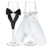 Sparkle and Bash Set of 2 Wedding Gift Champagne Glasses for Bride & Groom - 8.75 in Flutes, Black & White, Modern Style - For Wedding Decor, Registry, Bridal Shower & Newlyweds