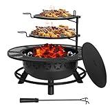 Hykolity 35 Inch Fire Pit with 2 Cooking Grate & Charcoal Pan, Outdoor Wood Burning BBQ Grill Firepit Bowl with Cover Lid, Steel Round Table for Backyard Bonfire Patio Picnic