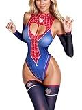 Women's Sexy Cutout Lingerie Set Cosplay Bodysuit 5 Piece with Stocking (Blue, Free Size)