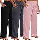 Neer 3 Pack Women Plus Size Wide Leg Yoga Pants High Waist Sweatpants Plus Size Palazzo Pants Lounge Pants with Pockets (Black,Dark Grey,Pink,3X-Large)