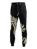 SCREENSHOT SCREENSHOT-P11222 Mens Urban Hip Hop Premium Streetwear Fleece Bottoms - Passionate Line Drawing Gel Print Sweatpants-Black/Gold-XLarge