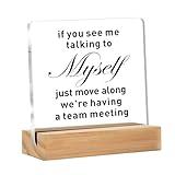 Funny Office Decor for Women Men, Funny Desk Decor Sign, If You See Me Talking to Myself We're Having a Team Meeting Clear Decorative Acrylic Sign With Wooden Stand for Desk Table Shelf