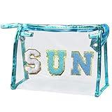 COSHAYSOO Clear Makeup Bag Preppy Sunscreen Pouch Beach Pool Summer Stuff Travel Cosmetic Toiletry Essentials Small Purse Organizer for Women Teenager Girl with Trendy Letter Patch Blue SUN