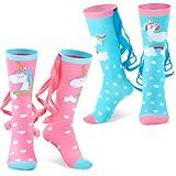 Tarpop 2 Pairs Fun Silly Wacky Socks Compression Unicorn Mermaid Socks with Wigs Novelty Crazy Funny Gift for Kids Woman(Heart2,Medium)