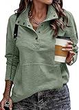 SHEWIN Sweatshirt For Women Loose Fit Casual Button V Neck Solid Lightweight Pullover Sweatshirts Long Sleeve Fall Tops with Pocket,US 8-10(M),Green