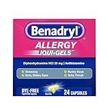 Benadryl Liqui-Gels Allergy Medicine, Dye-Free Liquid Gel Capsules with 25 mg of Diphenhydramine HCl Antihistamine for Relief of Allergy & Cold Symptoms Like Runny Nose & Sneezing, 24 ct
