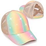 Girls Glitter Baseball Cap Criss Cross Hat, Girl High Ponytail Hat - Kids Trucker Hat with High Bun Messy Ponytail(Ages5-15)