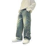 Boy's Pull On Jeans Cute Star Baggy Denim Pants Elastic Waist Straight Wide Leg Jeans for Teen Boys 8-14 Years Blue