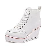 Mei MACLEOD High Heel Sneakers for Women Wedge Heel Sneaker with Side Zipper Casual Lace Up Canvas Shoes for College Students White
