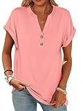 ANRABESS Womens Short Sleeve Henley Tops V Neck Dressy Casual Blouses Summer Trendy Tee Shirts 2025 Vacation Fashion Clothes Coral XL