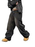 DFGIGT Men's Baggy Hip Hop Jeans Wide Leg Skater Denim Pants Casual Loose Fit Long Trousers Streetwear Straight Relaxed Y2k Classic Vintage Extreme Motion Skateboard Jogging Joggers,A10 Black,Small