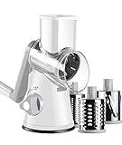 Ancevsk Rotary Cheese Grater Shredder with Strong Suction Base, Kitchen Speed Hand Crank Vegetable Slicer, Potato Hash Brown Shredder Nut Grinder with 3 Replaceable Stainless Steel Drum Blades (White)