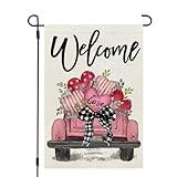 CROWNED BEAUTY Valentines Day Heart Truck Garden Flag 12x18 Inch Double Sided for Outside Welcome Small Burlap Pink Holiday Yard Flag