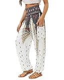 QIANXIZHAN Women's Harem Pants, High Waist Yoga Boho Trousers with Pockets White S