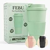 FEBU Plant-Based Reusable Coffee Cup with Lid and Sleeve | 16oz, Sage Green | Portable Travel Mug made from Bamboo | Dishwasher Safe, Zero Waste, Plastic Free with Leak-Proof Screw-on Lid