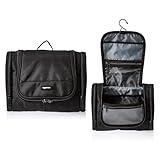 Amazon Basics Travel Toiletry Bag for Men and Women, Hanging Toiletry Bag, Dopp Kit with 2 Side Pockets, Multiple Interior Pockets, Durable 1680D Polyester, Handles Bathroom Spills/Splashes, Black