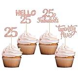 Gyufise 24Pcs Rose Gold Glitter 25th Birthday Cupcake Toppers 25 Fabulous Cupcake Picks Hello 25 Twenty Five Cupcake Picks for 25th Birthday Cake Decorations Supplies