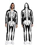 Tipsy Elves Halloween Skeleton Costume for Men - Comfy Adult Skeleton Jumpsuit with Hood - Men's White Bones Jumpsuit Halloween Costume with Full Zip Hood Size Large