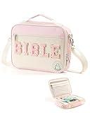 PLOZANO Bible Cover Case for Women, Large Chenille Letter Bible Bag with Shoulder Strap,Pink Bible Carrying Tote Bags for Bible Study Accessories, for Women Lady Teen Grils