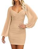 ZESICA Women's Sexy V Neck Ruched Bodycon Mini Dress Puff Long Sleeve Cocktail Wedding Party Short Dresses,LightKhaki,Small