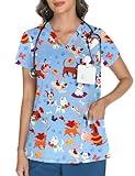 LOMON Scrubs for Women V Neck Print Scrub Tops Soft Knit Nurse Uniform Shirts with 3 Pockets Cute Dogs XL