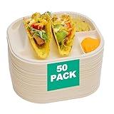 Viotiin 50-Pack Disposable Taco Plates with Room for Sides - Biodegradable Cornstarch - Fits 4-6 Inch Soft or Hard Tortilla Shells - Small Taco Holder Plate - Ideal for Mexican Party - Microwave Safe