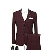 Men's Slim Fit British Style Plaid Three Piece Suit Wedding Groom Business Casual Formal Tuxedo(Red,Large)