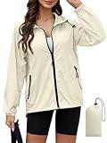 PITINAN Packable Rain Jacket Women Waterproof Light Weight Raincoats Hooded Light Rain Jacket Women Packable Fall Sports Must Haves For Moms Beige S