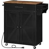HOOBRO Kitchen Island With Power Outlet, Storage Island With Large Worktop, Spice Rack and Drawer, Rolling Cart on Wheels, for Kitchen and Dining Room, Rustic Brown and Black