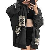 Alt Emo Clothes Women Oversized Zip Up Hoodies Rhinestone Y2k Aesthetic Skeleton Sweatshirts Grunge Gothic Jacket Streetwear (L,b)