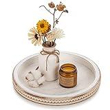 Hanobe Decorative Serving Tray Wood: White Washed Bead Round Tray Decor for Coffee Table Rustic Wooden Trays Farmhouse Centerpiece for Living Room Kitchen Counter