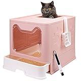 Foldable Cat Litter Box with Lid, Enclosed Cat Potty, Top Entry Anti-Splashing Cat Toilet, Easy to Clean Including Cat Litter Scoop and 2-1 Cleaning Brush (Pink) Large