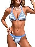 CUPSHE Women's Bikini Sets Two Piece Swimsuit Colorblock Triangle Top Halter Straps Back Low Rise Cheeky High Cut, M Sky Blue/White