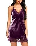 Avidlove Women Lingerie Satin Lace Chemise Nightgown Sexy Full Slips Sleepwear (Large, Dark Purple)