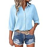 Cotton Summer Tops for Women 2025 Linen Shirts for Women Cotton Button Shirt 2025 Summer 3/4 Sleeve Roll Up Loose Fit V-Neck Casual Work Blouse Tops Sky Blue