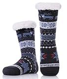 DYW Mens Fuzzy Slipper Socks Warm Thick Heavy Thermal Fleece lined Fluffy Winter Non Slip Socks (Dark Blue A)