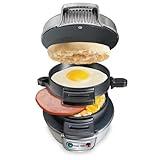 Hamilton Beach Breakfast Sandwich Maker with Egg Cooker Ring, Customize Ingredients, Perfect for English Muffins, Croissants, Mini Waffles, Perfect White Elephant Gifts, Silver (25475)