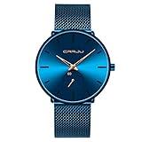 Mens Watches Ultra-Thin Minimalist Waterproof-Fashion Wrist Watch for Men Unisex Dress with Stainless Steel Mesh Band-Gold Hands（Blue Band Blue Face）