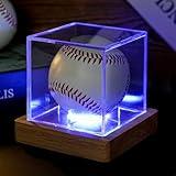 Baseball Display Case with LED Light, Wooden Base Baseball Case Display for Balls, UV Protected Acrylic Boxes for Display, Autographed/Memorabilia Signed Baseball Clear Display Case Cube (1PCS)