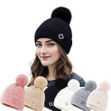 Womens Winter Beanie Hat, Smile Face Warm Fleece Knitted Skull Cap with Faux Fur Pom Pom Black