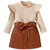 AMAWMW Toddler Baby Girl Fall Winter Clothes Long Sleeve Ruffle Shirt Corduroy Mini Skirt Infant Girl A-line Dress Clothing