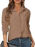 Brown Shirt Women Women's Blouses & Button-Down Shirts Long Sleeves Interview Outfit Wrinkle Free Ladies Professional Collar Polyester Clothing Womans Trendy Work wear Fall Clothes tan Brown Size S