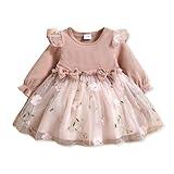 PATPAT Baby Girl Pink Ribbed Long-Sleeve Bowknot Floral Embroidered Mesh Dress Pink 3-6 Months