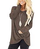 SHIBEVER Long Sleeve Women Tops: Fall Casual Tunic Shirts for Womens Round Neck Twist Knotted Tee Blouses Coffee L