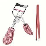 Pink Eyelash Curlers with Slant Tip Tweezer Pink Bling Crystal Rhinestone Eyelashes Curls for Dramatic Long Lasting Seamless Brilliant Eyes, Best Bedazzled Makeup Stuff Things For Mascara Asian Beauty