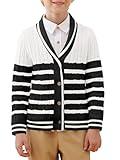 Haloumoning Boys Cardigan Striped Cable Knit Sweater Kids Casual Long Sleeve Shawl Collar Fall Clothes 4-14Y White