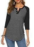 HOCOSIT Women's Raglan V Neck Summer Tops 3/4 Sleeve Ladies Button Henley Shirt Boyfriend Style Blouse