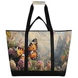 FLildon Insulated Cooler Bag 30L, Spring Butterflies Landscape Large Reusable Grocery Bags for Hot/Cold Food Delivery Bag Thermal Tote for Travel Beach Picnic