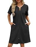 Ekouaer Women Zipper Robes Waffle Short Bathrobe Lightweight House Coat with Pockets Soft Nightgown(Black, Large)