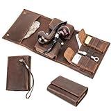 Contacts Full Grain Leather Travel Pipe Tobacco Pouch Smoking Pipe Accessories Organizer for 2 Pipes, Lighter, Cigarette, Coffee